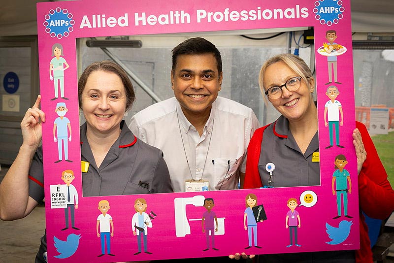 Charlotte Colesby, right, in the selfie frame with Dr Ros Leslie, left, and Dr Ananth Viswanath, interim Chief Medical Officer at RWT