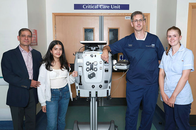 Sunil Bali, Deeksha Bali, Dr Andy Macduff and Megan Gillis pictured with the PrisMax system that saved Deeksha's life