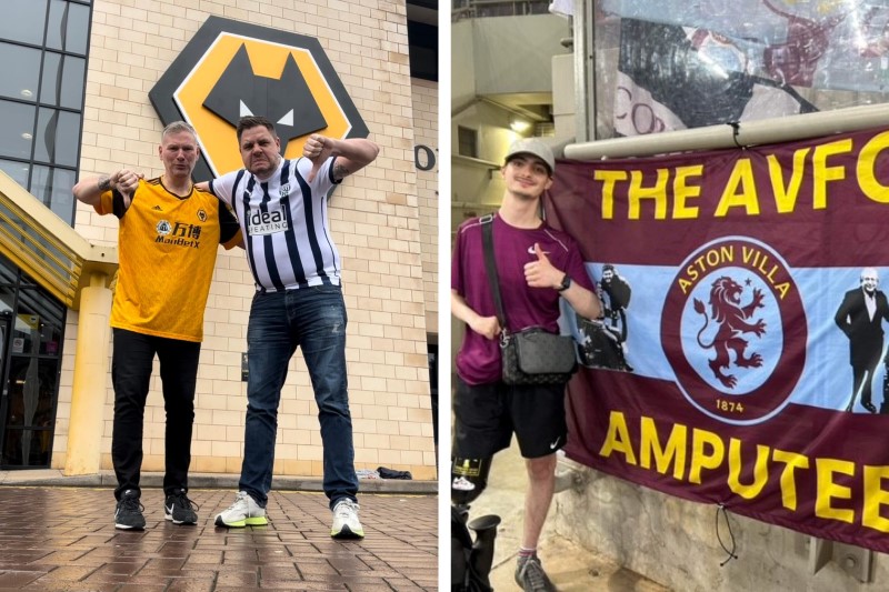 Jason and Gav in their Albion and Wolves shirts outside Molineux, and Jude with his Villa banner