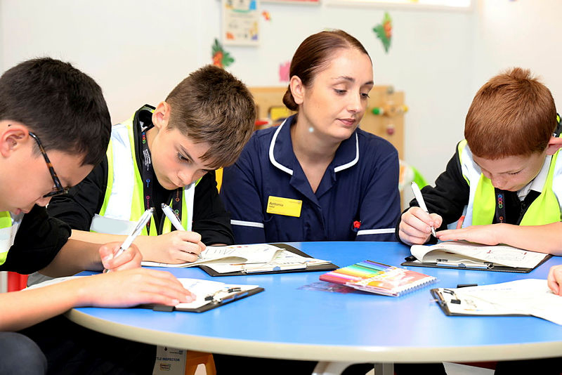 The young inspectors from Wodensfield Primary School carrying out their inspection at New Cross Hospital