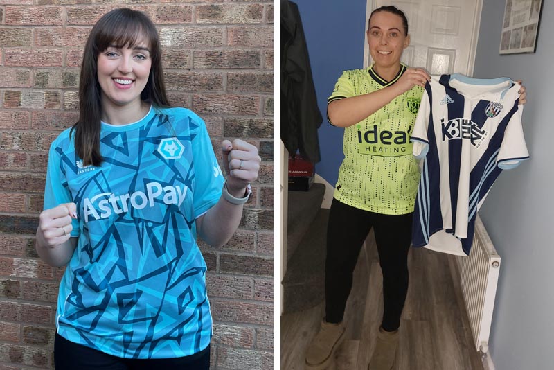 Latest News: Amie in her Wolves away shirt and Lindsey in her Albion away jersey
