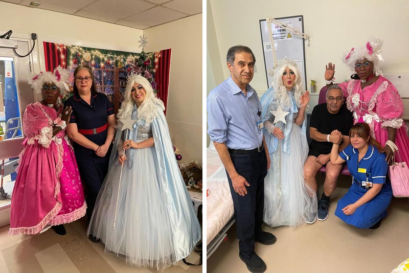 Left photo: Dennis Ffrench, Matron Emma Stuart, and Rebecca Shepherd. Right photo: Dr Jawad Sluiman, Rebecca Shephard, Ajay Purewal, Sushma Kaul, Sister in Charge, and Dennis Ffrench